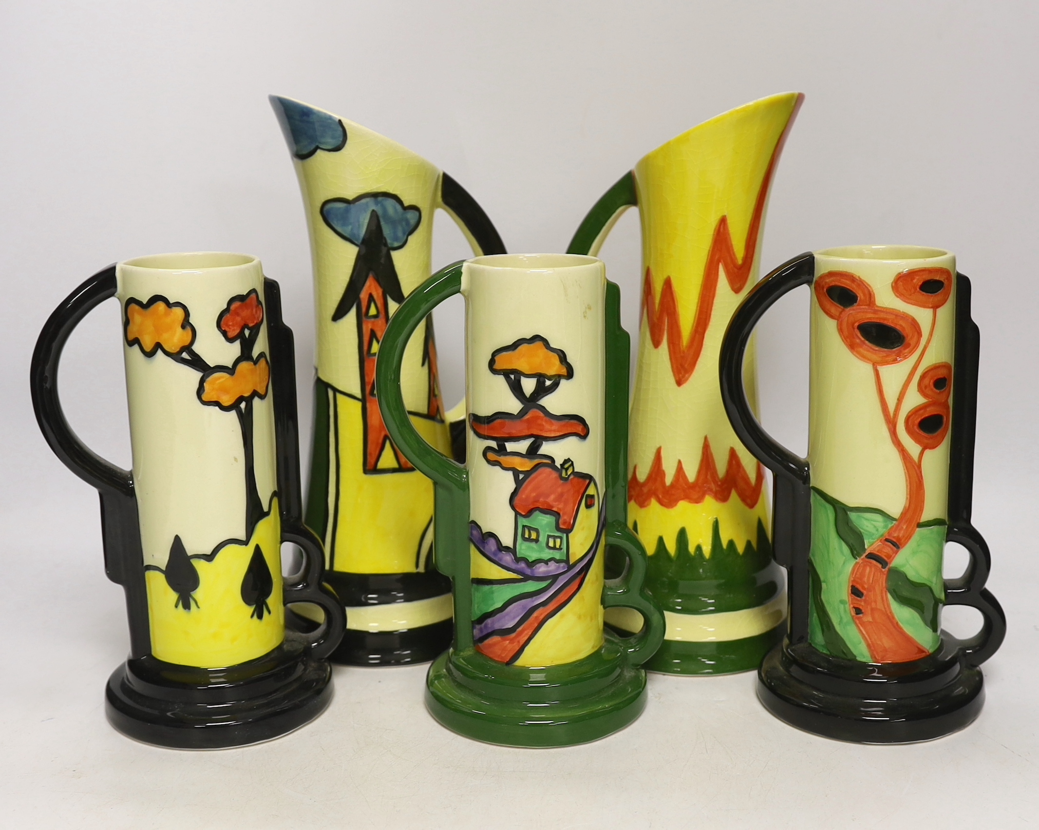 Two Clarice Cliff style jugs and three similar vases, four by Bernadette Eve and one by Crown Ducal, tallest 28cm